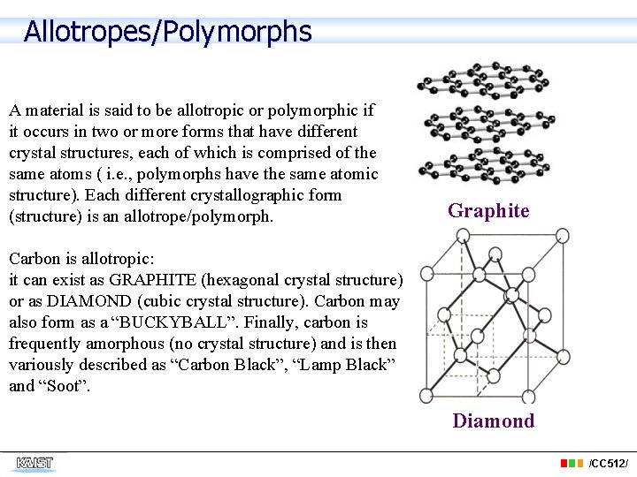 Allotropes/Polymorphs A material is said to be allotropic or polymorphic if it occurs in