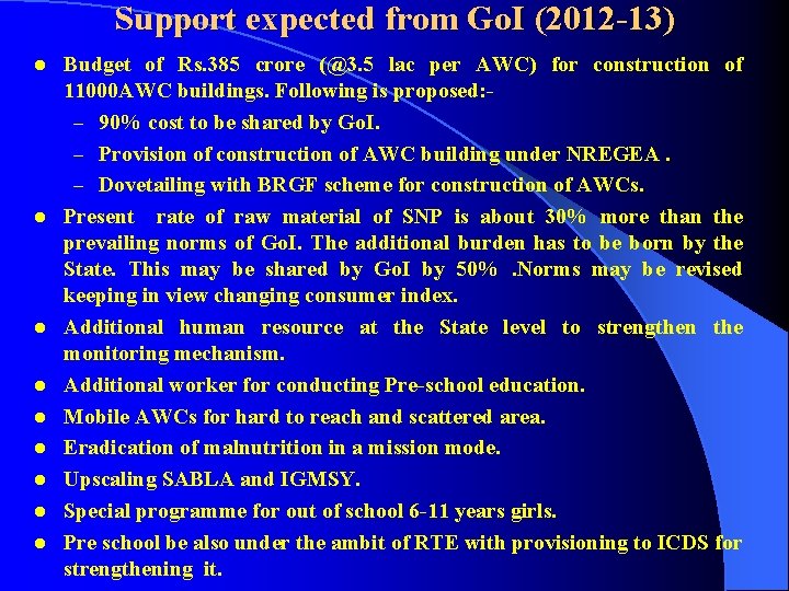 Support expected from Go. I (2012 -13) l l l l l Budget of