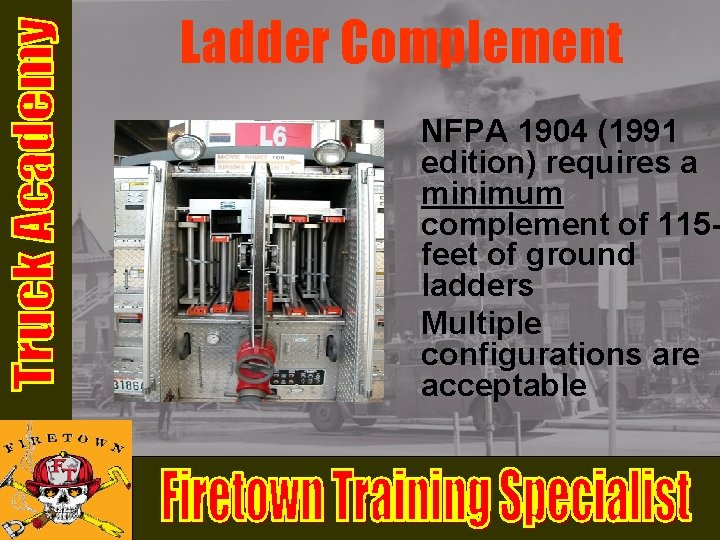 Ladder Complement NFPA 1904 (1991 edition) requires a minimum complement of 115 feet of Ladder Complement NFPA 1904 (1991 edition) requires a minimum complement of 115 feet of