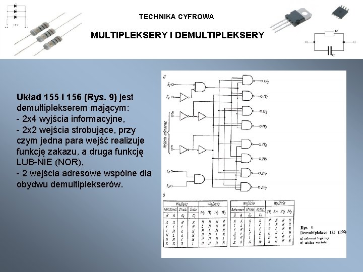 TECHNIKA CYFROWA MULTIPLEKSERY I DEMULTIPLEKSERY Układ 155 i 156 (Rys. 9) jest demultiplekserem mającym: