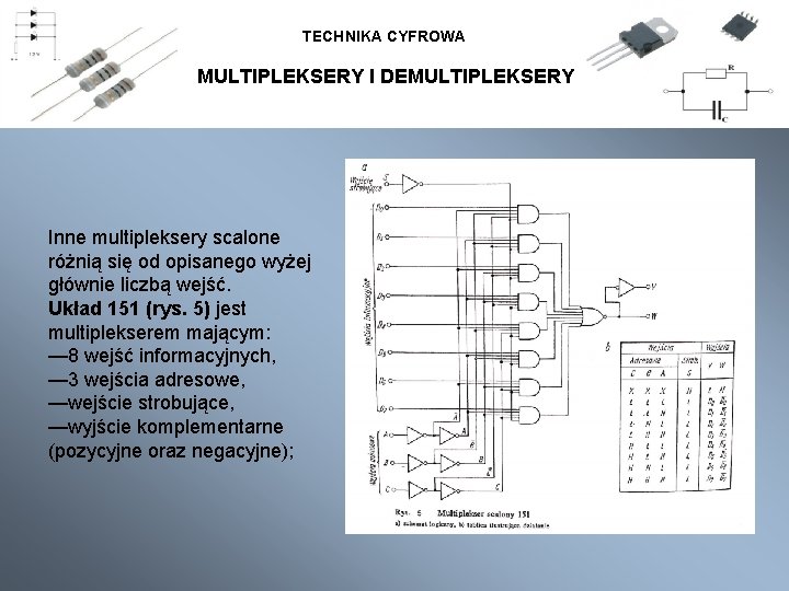TECHNIKA CYFROWA MULTIPLEKSERY I DEMULTIPLEKSERY Inne multipleksery scalone różnią się od opisanego wyżej głównie