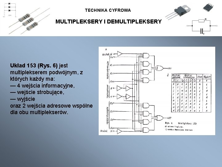TECHNIKA CYFROWA MULTIPLEKSERY I DEMULTIPLEKSERY Układ 153 (Rys. 6) jest multiplekserem podwójnym, z których
