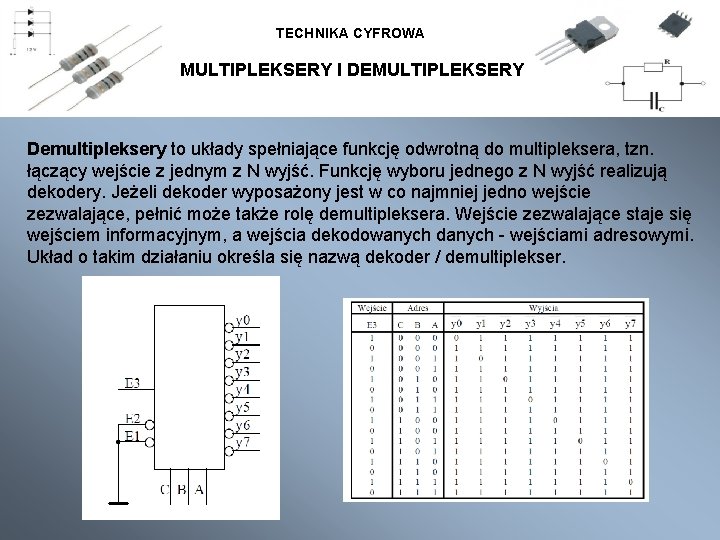 TECHNIKA CYFROWA MULTIPLEKSERY I DEMULTIPLEKSERY Demultipleksery to układy spełniające funkcję odwrotną do multipleksera, tzn.