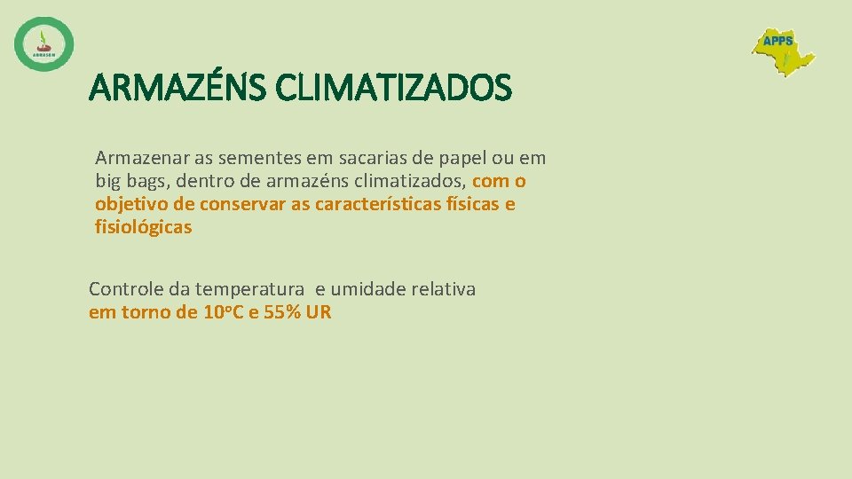 ARMAZÉNS CLIMATIZADOS Armazenar as sementes em sacarias de papel ou em big bags, dentro