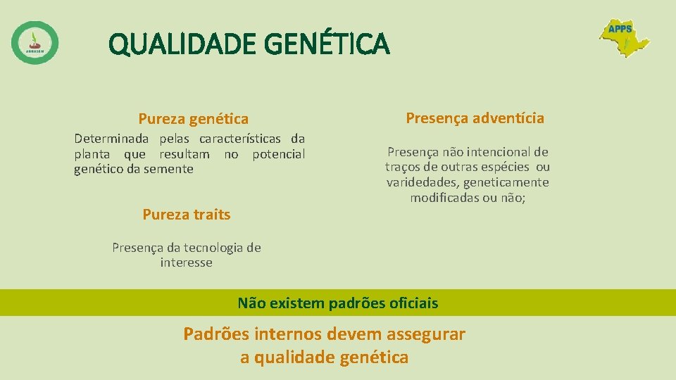 QUALIDADE GENÉTICA Pureza genética Determinada pelas características da planta que resultam no potencial genético