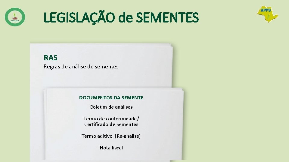 LEGISLAÇÃO de SEMENTES RAS Regras de análise de sementes DOCUMENTOS DA SEMENTE Boletim de