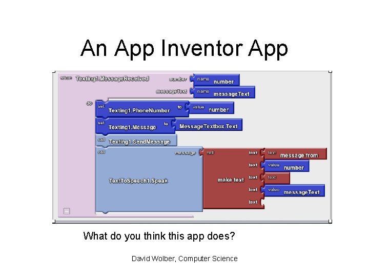 An App Inventor App What do you think this app does? David Wolber, Computer