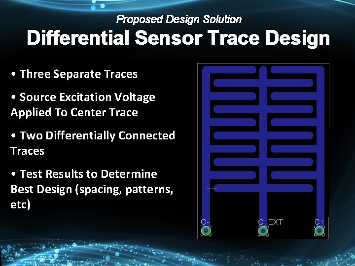 Proposed Design Solution Differential Sensor Trace Design • Three Separate Traces • Source Excitation