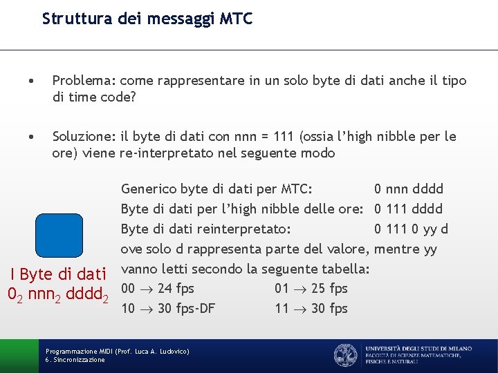 Struttura dei messaggi MTC • Problema: come rappresentare in un solo byte di dati