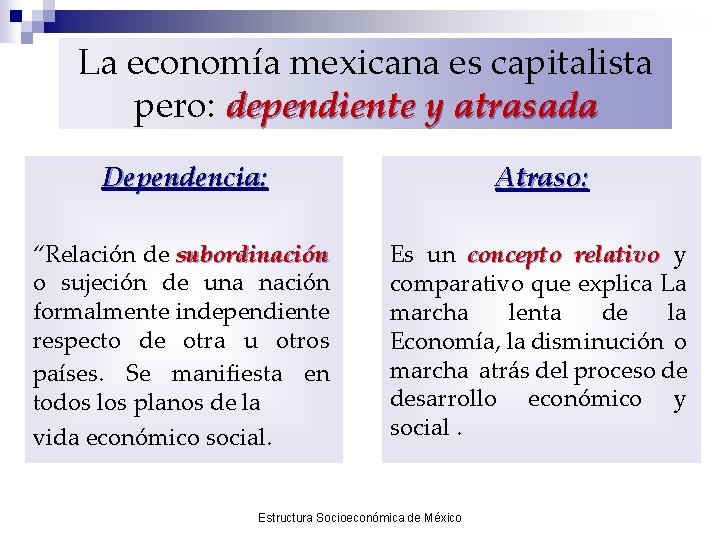 La economía mexicana es capitalista pero: dependiente y atrasada Dependencia: Atraso: “Relación de subordinación