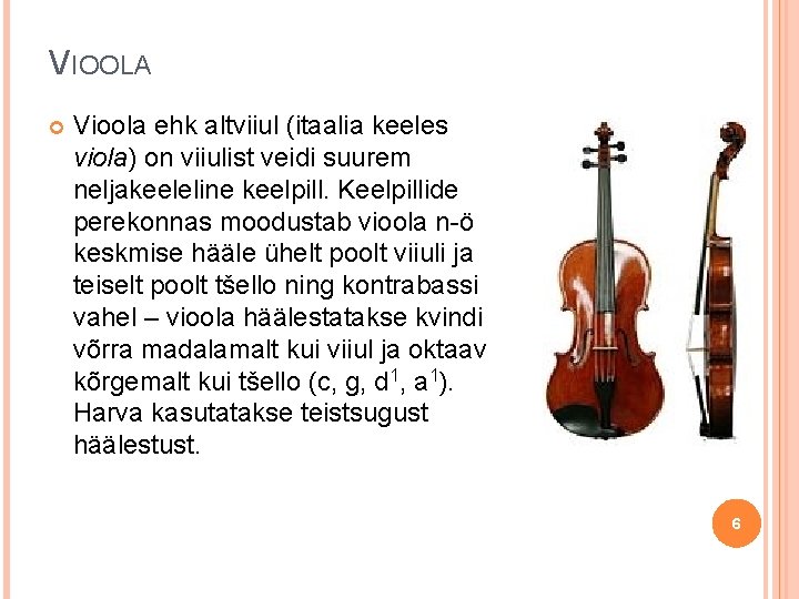 VIOOLA Vioola ehk altviiul (itaalia keeles viola) on viiulist veidi suurem neljakeeleline keelpill. Keelpillide