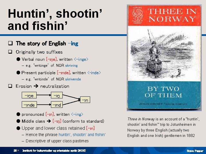 Huntin’, shootin’ and fishin’ q The story of English -ing q Originally two suffixes Huntin’, shootin’ and fishin’ q The story of English -ing q Originally two suffixes