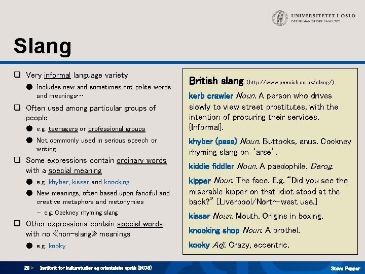 Slang q Very informal language variety ● Includes new and sometimes not polite words Slang q Very informal language variety ● Includes new and sometimes not polite words