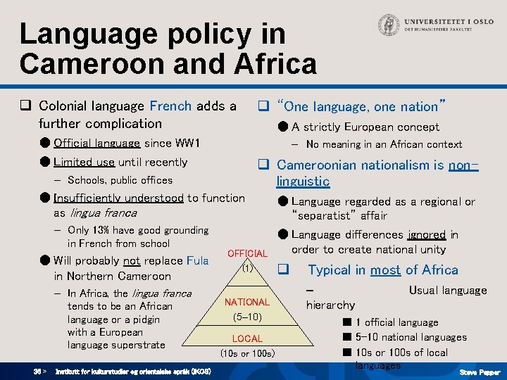 Language policy in Cameroon and Africa q Colonial language French adds a further complication Language policy in Cameroon and Africa q Colonial language French adds a further complication