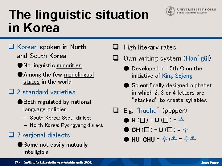 The linguistic situation in Korea q Korean spoken in North and South Korea ● The linguistic situation in Korea q Korean spoken in North and South Korea ●