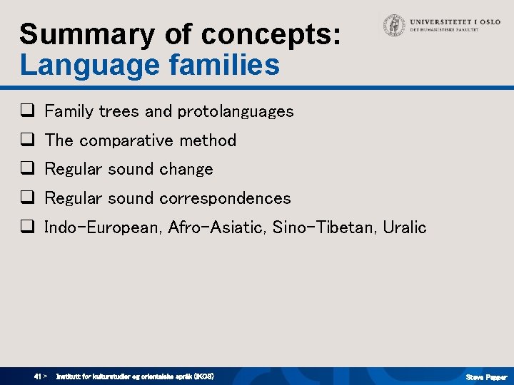 Summary of concepts: Language families q Family trees and protolanguages q The comparative method Summary of concepts: Language families q Family trees and protolanguages q The comparative method