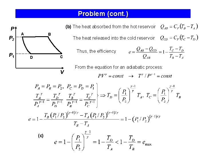 Problem (cont. ) P P 2 P 1 (b) The heat absorbed from the