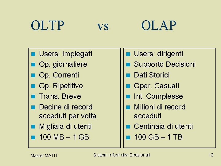 OLTP n n n n vs Users: Impiegati Op. giornaliere Op. Correnti Op. Ripetitivo