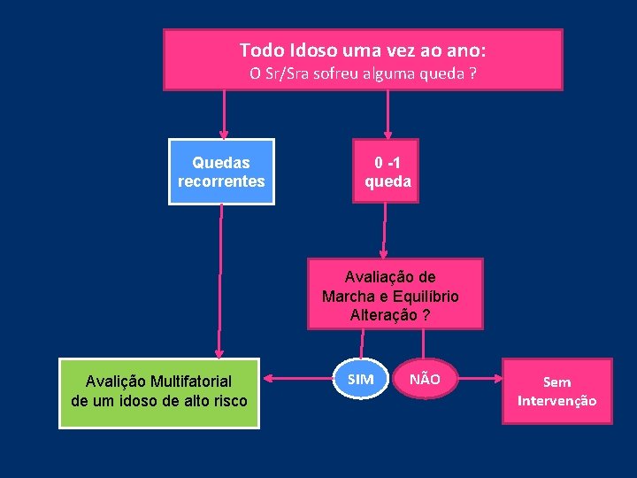 Todo Idoso uma vez ao ano: O Sr/Sra sofreu alguma queda ? Quedas recorrentes Todo Idoso uma vez ao ano: O Sr/Sra sofreu alguma queda ? Quedas recorrentes