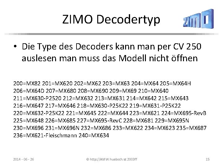 ZIMO Decodertyp • Die Type des Decoders kann man per CV 250 auslesen man