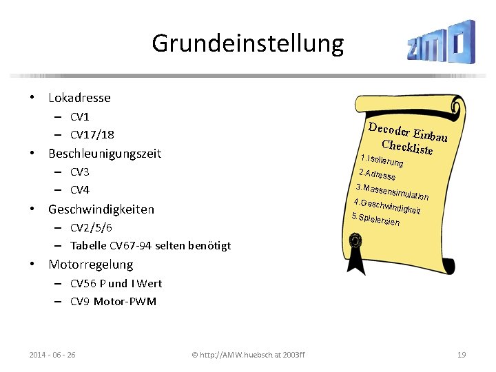 Grundeinstellung • Lokadresse – CV 17/18 Decoder Einbau Checklis te • Beschleunigungszeit 1. Isolier