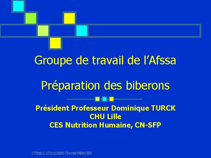 Groupe de travail de l’Afssa Préparation des biberons Président Professeur Dominique TURCK CHU Lille