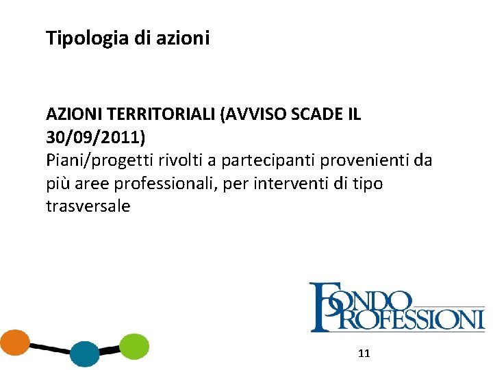 Tipologia di azioni AZIONI TERRITORIALI (AVVISO SCADE IL 30/09/2011) Piani/progetti rivolti a partecipanti provenienti