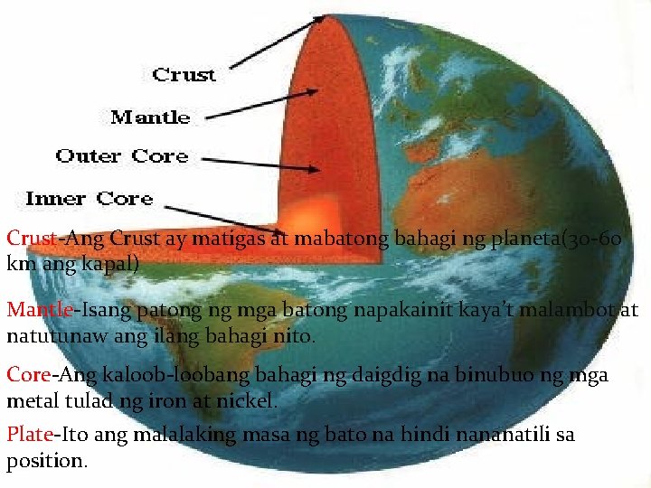 Crust-Ang Crust ay matigas at mabatong bahagi ng planeta(30 -60 km ang kapal) Mantle-Isang