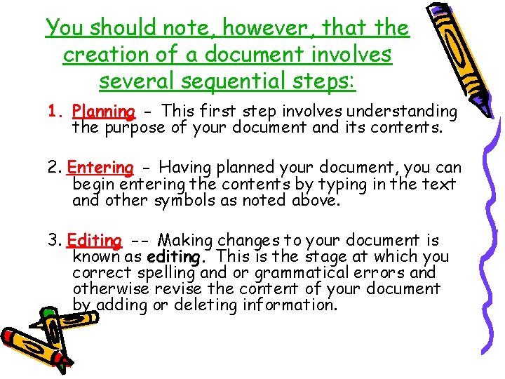 You should note, however, that the creation of a document involves several sequential steps: You should note, however, that the creation of a document involves several sequential steps: