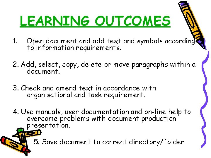 LEARNING OUTCOMES 1. Open document and add text and symbols according to information requirements. LEARNING OUTCOMES 1. Open document and add text and symbols according to information requirements.