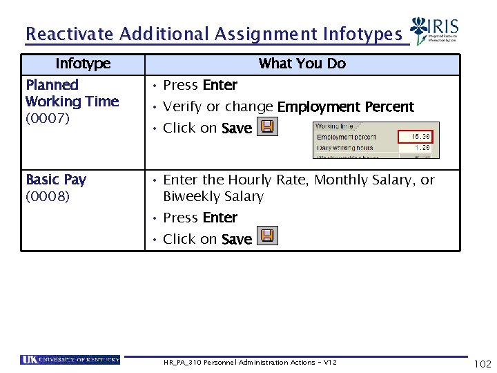 Reactivate Additional Assignment Infotypes Infotype What You Do Planned Working Time (0007) • Press