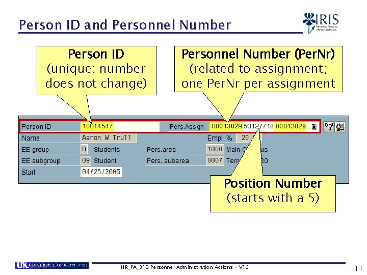 Person ID and Personnel Number Person ID (unique; number does not change) Personnel Number