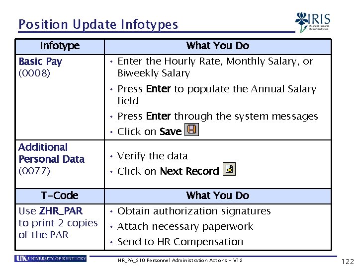 Position Update Infotypes Infotype Basic Pay (0008) What You Do • Enter the Hourly