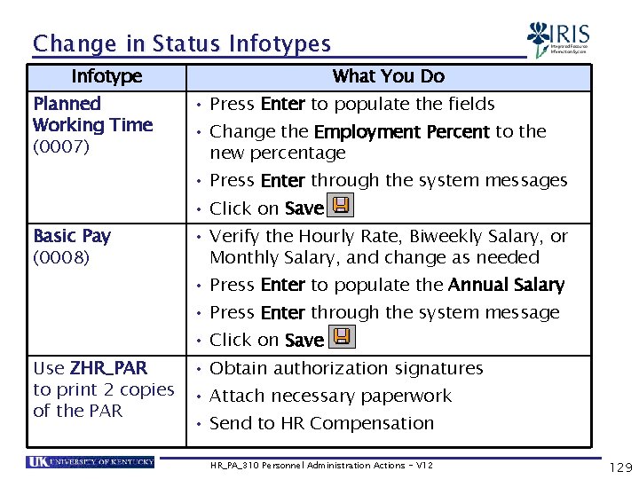 Change in Status Infotype Planned Working Time (0007) What You Do • Press Enter