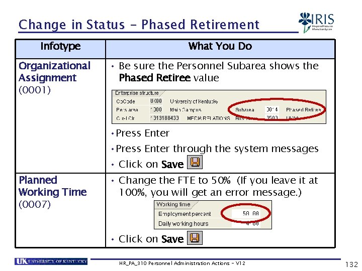 Change in Status - Phased Retirement Infotype Organizational Assignment (0001) What You Do •