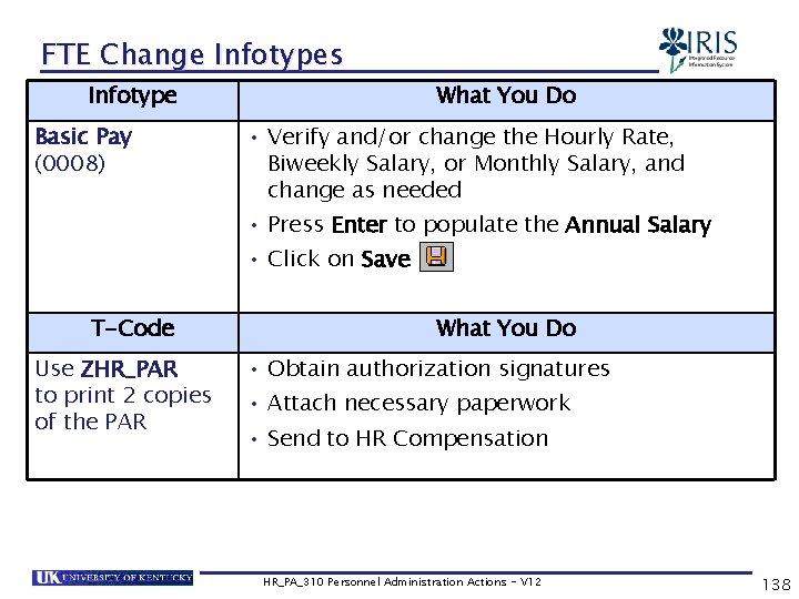 FTE Change Infotypes Infotype Basic Pay (0008) What You Do • Verify and/or change