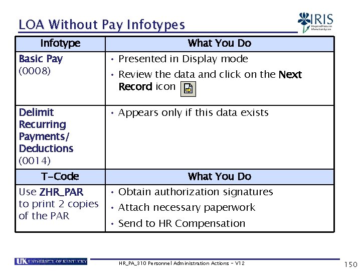 LOA Without Pay Infotypes Infotype What You Do Basic Pay (0008) • Presented in