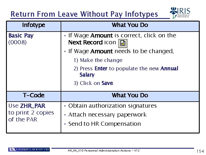 Return From Leave Without Pay Infotypes Infotype Basic Pay (0008) What You Do •