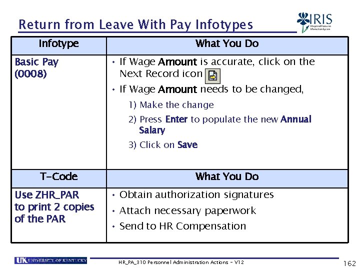 Return from Leave With Pay Infotypes Infotype Basic Pay (0008) What You Do •