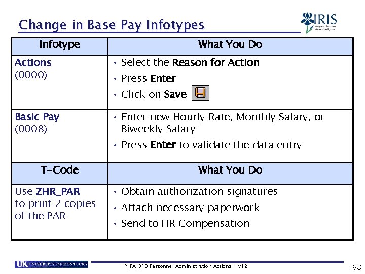 Change in Base Pay Infotypes Infotype Actions (0000) What You Do • Select the
