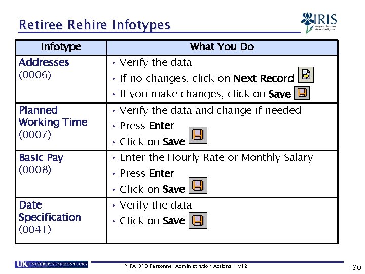 Retiree Rehire Infotypes Infotype Addresses (0006) What You Do • Verify the data •