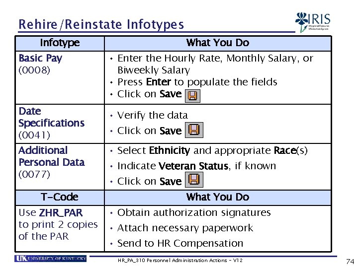 Rehire/Reinstate Infotypes Infotype What You Do Basic Pay (0008) • Enter the Hourly Rate,