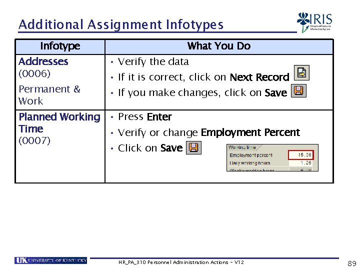 Additional Assignment Infotypes Infotype What You Do Addresses (0006) • Verify the data Permanent