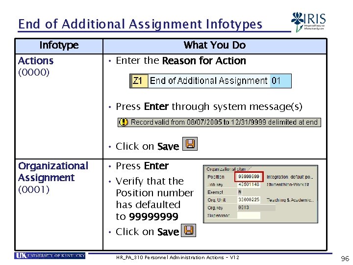 End of Additional Assignment Infotypes Infotype Actions (0000) What You Do • Enter the