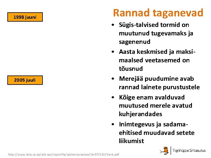 1998 juuni 2005 juuli Rannad taganevad • Sügis-talvised tormid on muutunud tugevamaks ja sagenenud 1998 juuni 2005 juuli Rannad taganevad • Sügis-talvised tormid on muutunud tugevamaks ja sagenenud