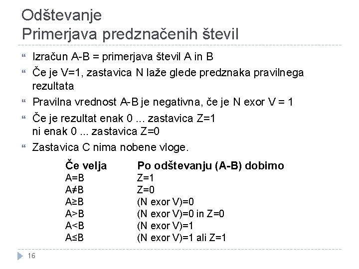Odštevanje Primerjava predznačenih števil Izračun A-B = primerjava števil A in B Če je Odštevanje Primerjava predznačenih števil Izračun A-B = primerjava števil A in B Če je