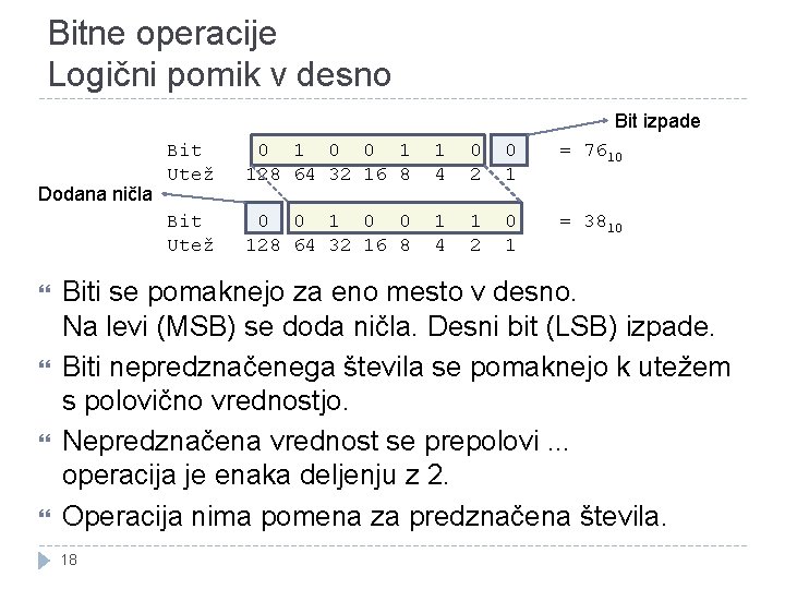 Bitne operacije Logični pomik v desno Bit izpade Dodana ničla Bit Utež 0 1 Bitne operacije Logični pomik v desno Bit izpade Dodana ničla Bit Utež 0 1