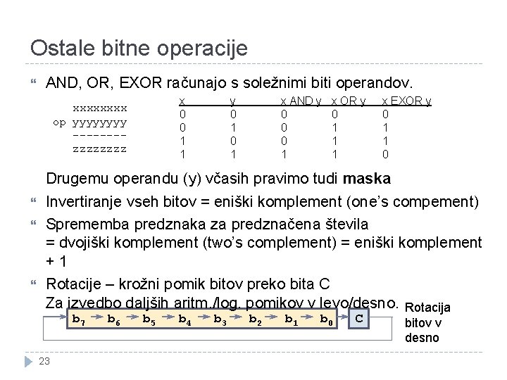 Ostale bitne operacije AND, OR, EXOR računajo s soležnimi biti operandov. x 0 0 Ostale bitne operacije AND, OR, EXOR računajo s soležnimi biti operandov. x 0 0