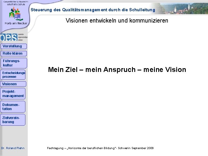 Steuerung des Qualitätsmanagement durch die Schulleitung Visionen entwickeln und kommunizieren Vorstellung Rolle klären Führungskultur