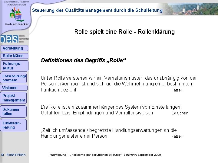 Steuerung des Qualitätsmanagement durch die Schulleitung Rolle spielt eine Rolle - Rollenklärung Vorstellung Rolle